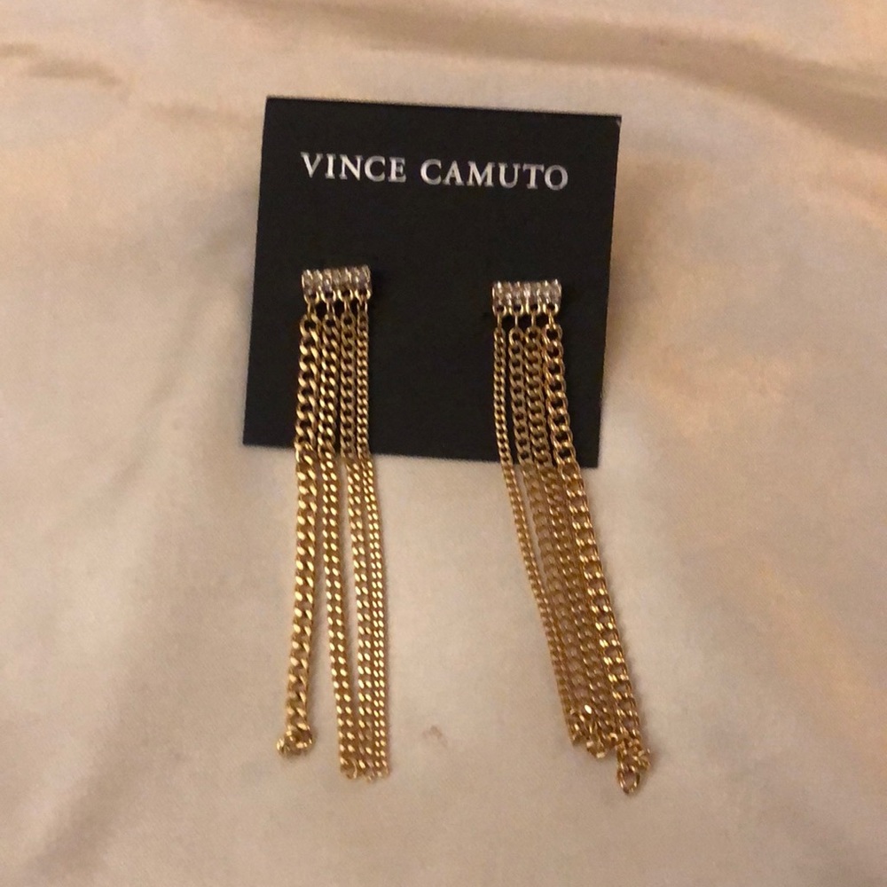 Vince Camuto Gold Tone Bar With CZ Accents & Chain Fringe Drop Earrings NWT